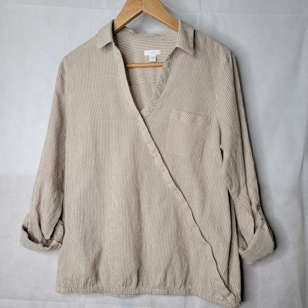 J. Jill Faux Wrap Front Blouse Tan White Striped Textured Fabric Roll Tab Sleeve